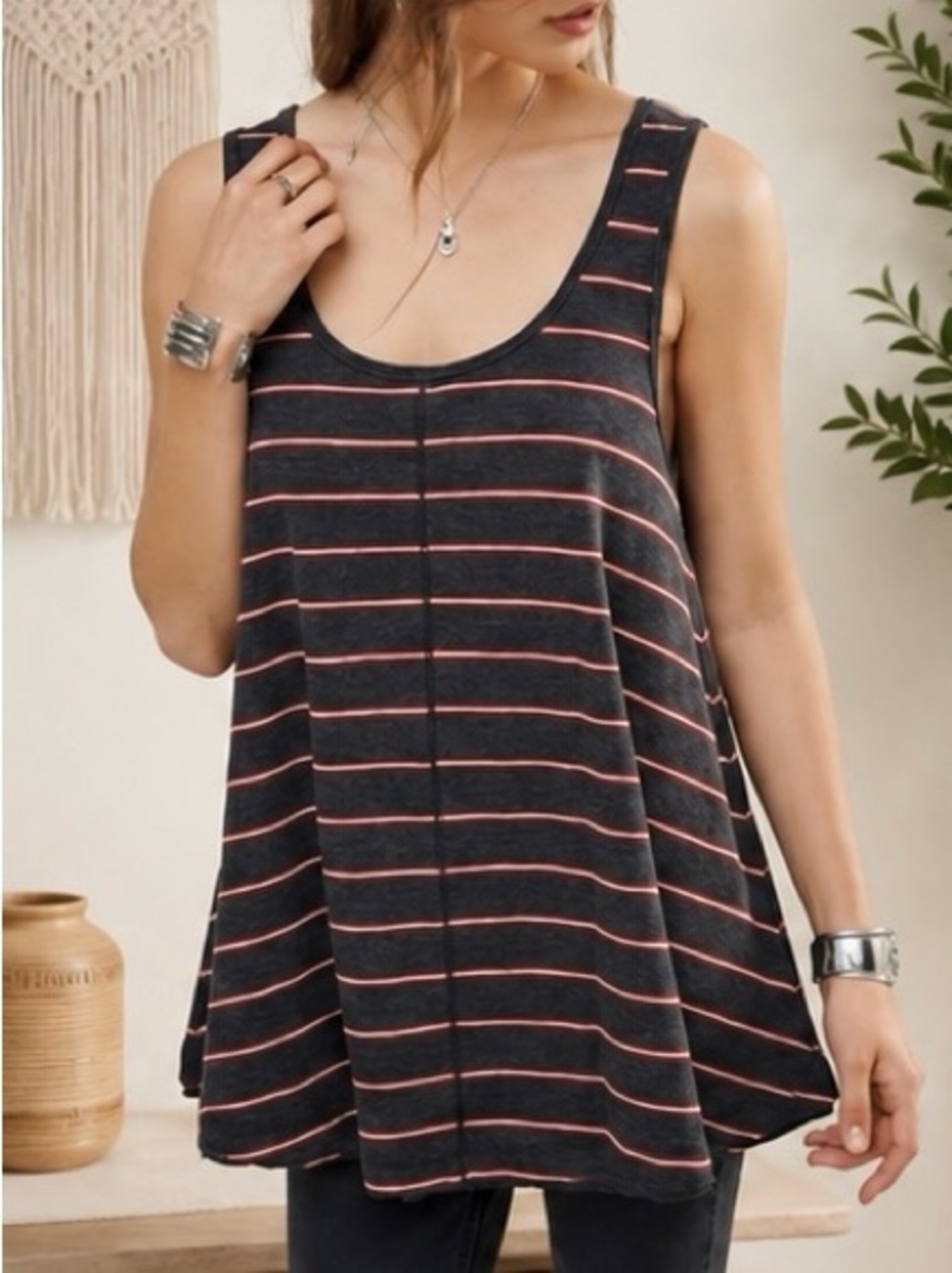Free People We The Free Garden Stripe Tunic Tank
Small | Gray Red Striped | Boho